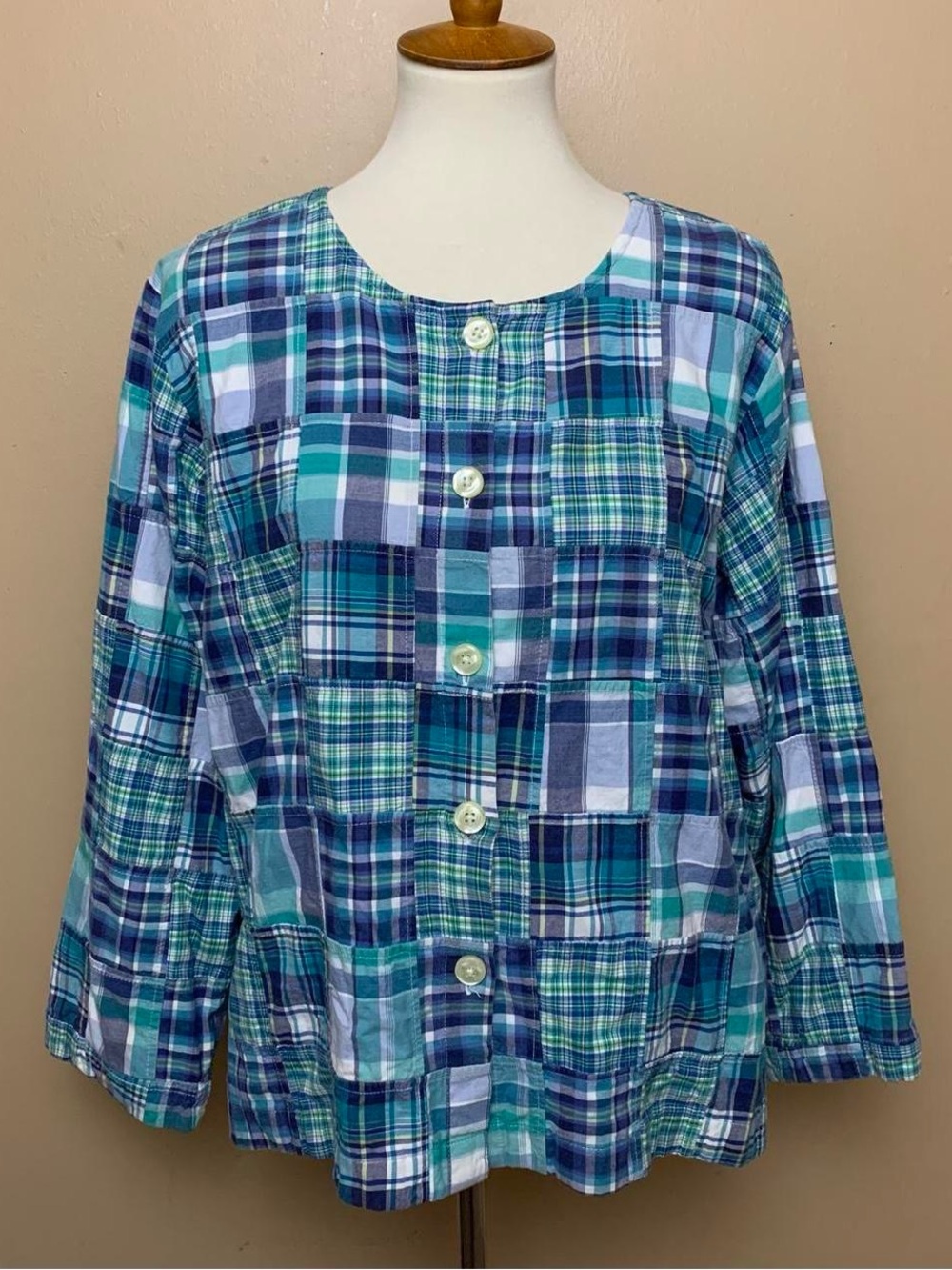 Orvis Top Womens Large Blue Plaid Patchwork Cotton Casual Jacket Shirt Button Up